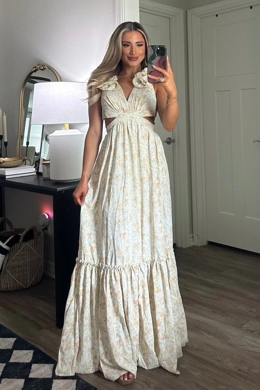 Floral Fantasy Ruffle Cutout Maxi Dress: Light Sage sold by Bella and Bloom