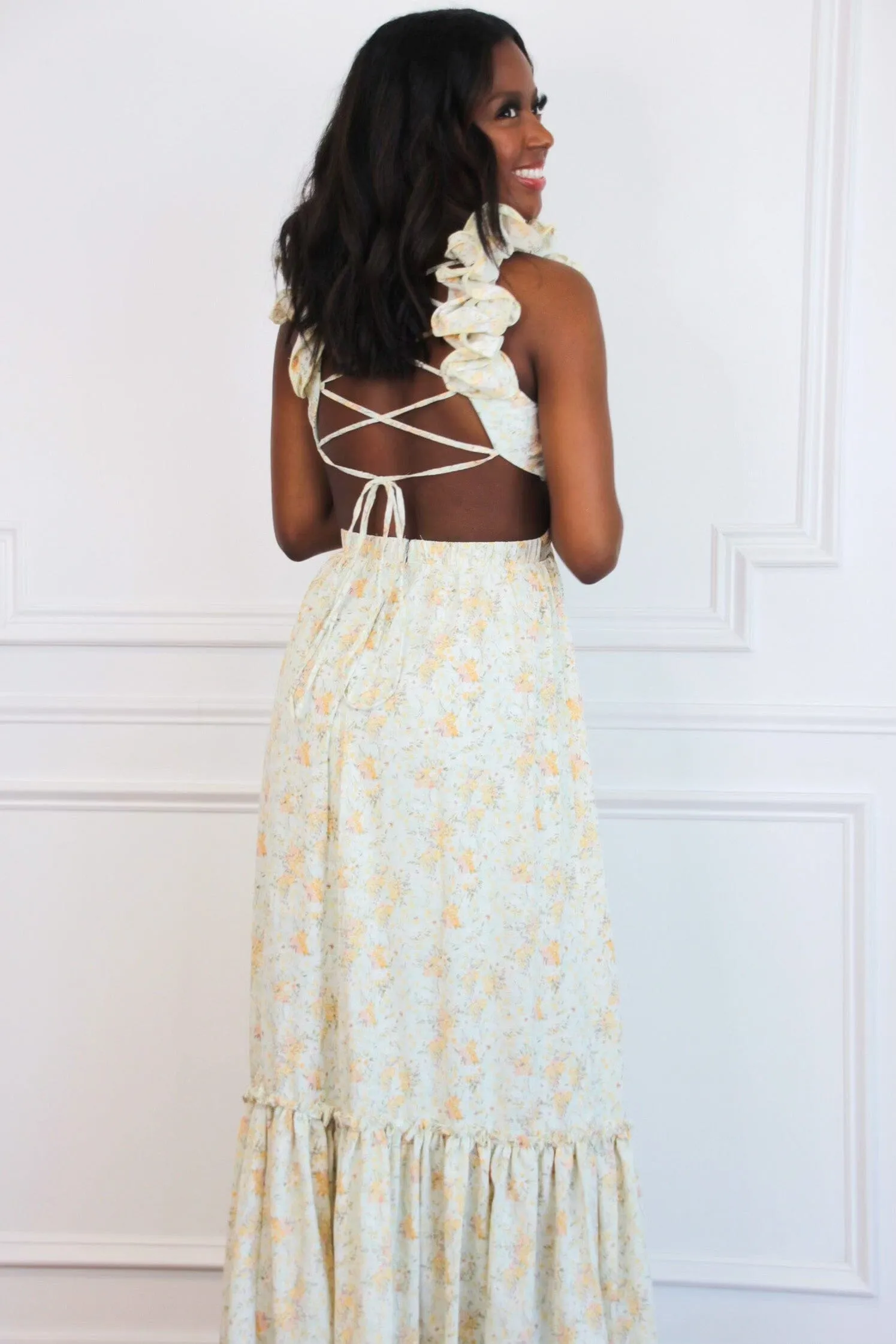 Floral Fantasy Ruffle Cutout Maxi Dress: Light Sage sold by Bella and Bloom product image thumbnail 3