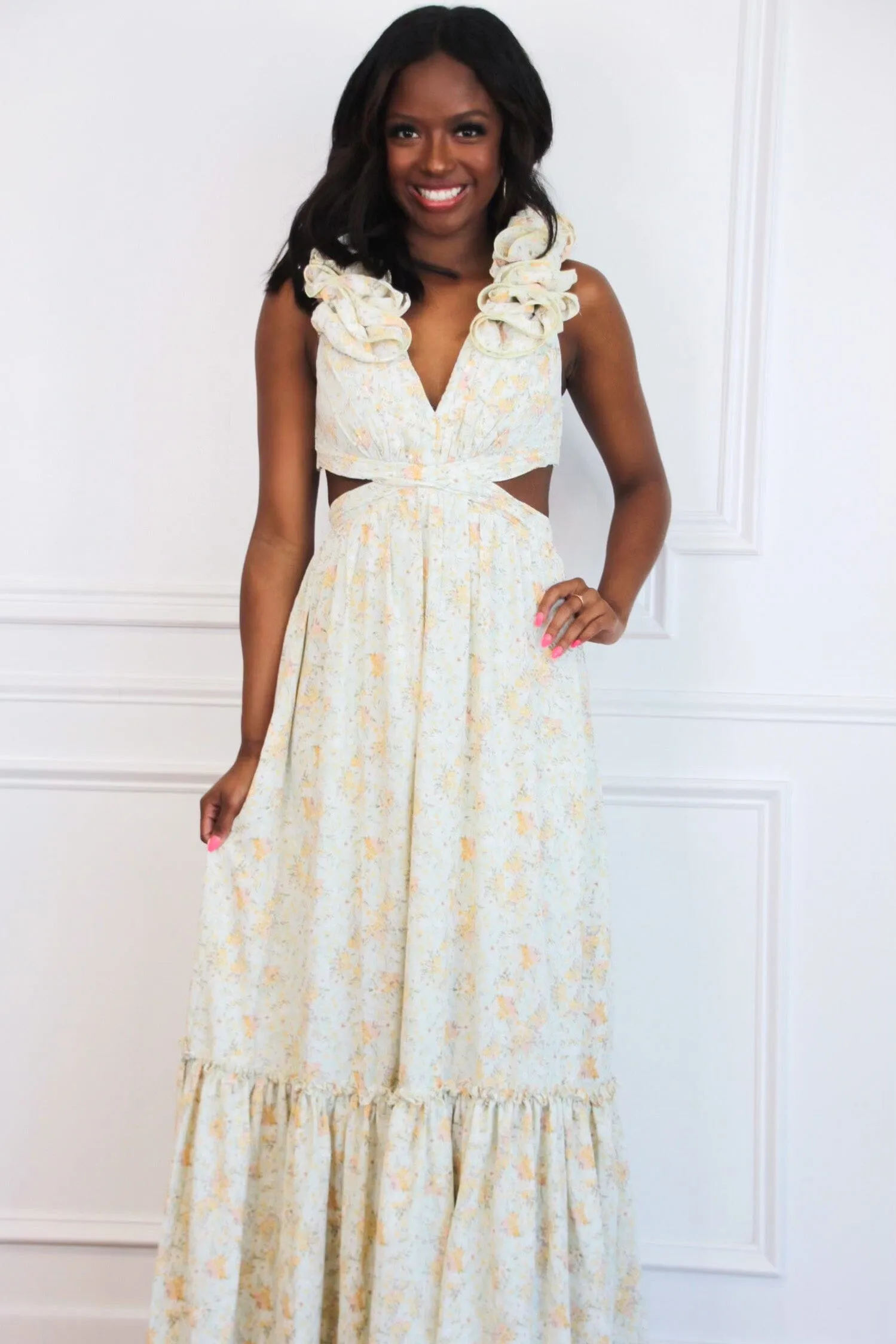 Floral Fantasy Ruffle Cutout Maxi Dress: Light Sage sold by Bella and Bloom product image thumbnail 4