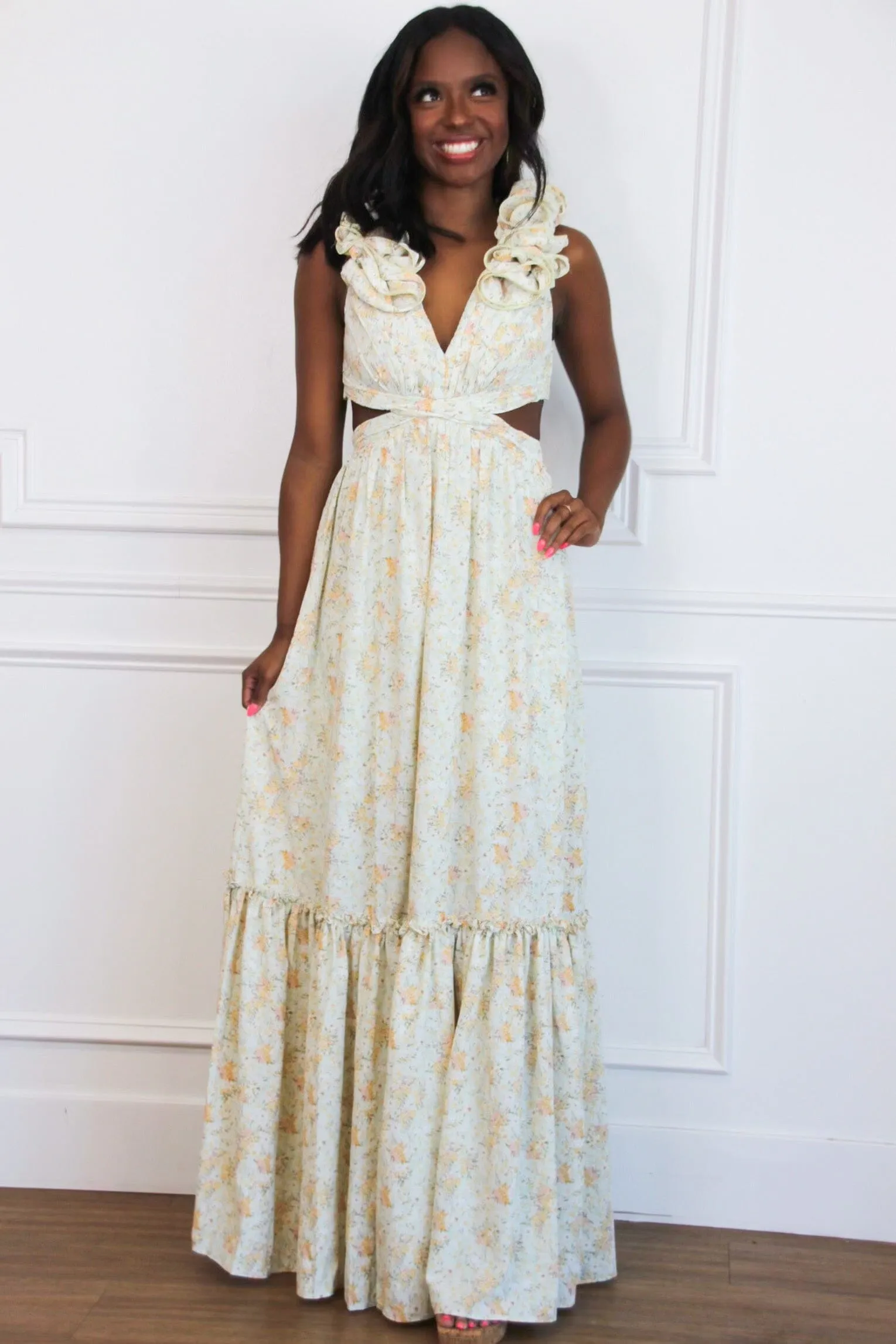 Floral Fantasy Ruffle Cutout Maxi Dress: Light Sage sold by Bella and Bloom product image thumbnail 2