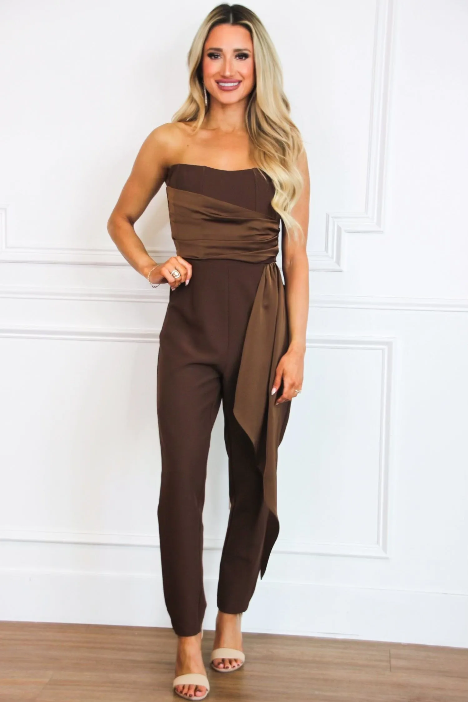 Marina Strapless Jumpsuit: Chocolate sold by Bella and Bloom