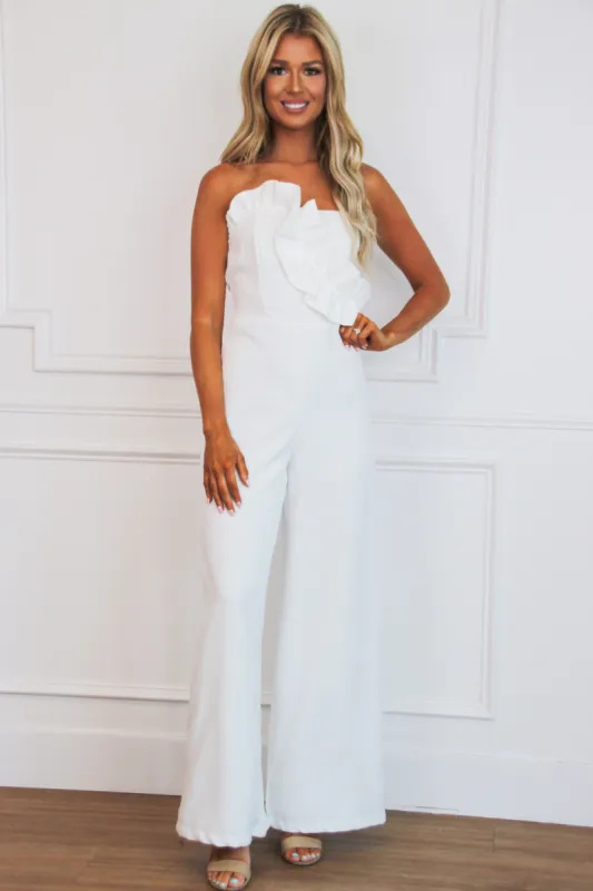 Wear Your Confidence Ruffle Strapless Jumpsuit: White sold by Bella and Bloom