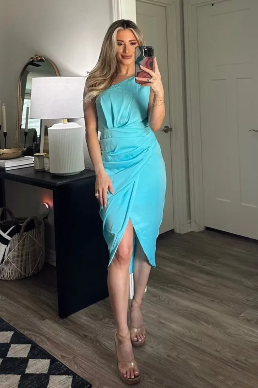 Happy With You One Shoulder Satin Midi Dress: Bright Blue sold by Bella and Bloom