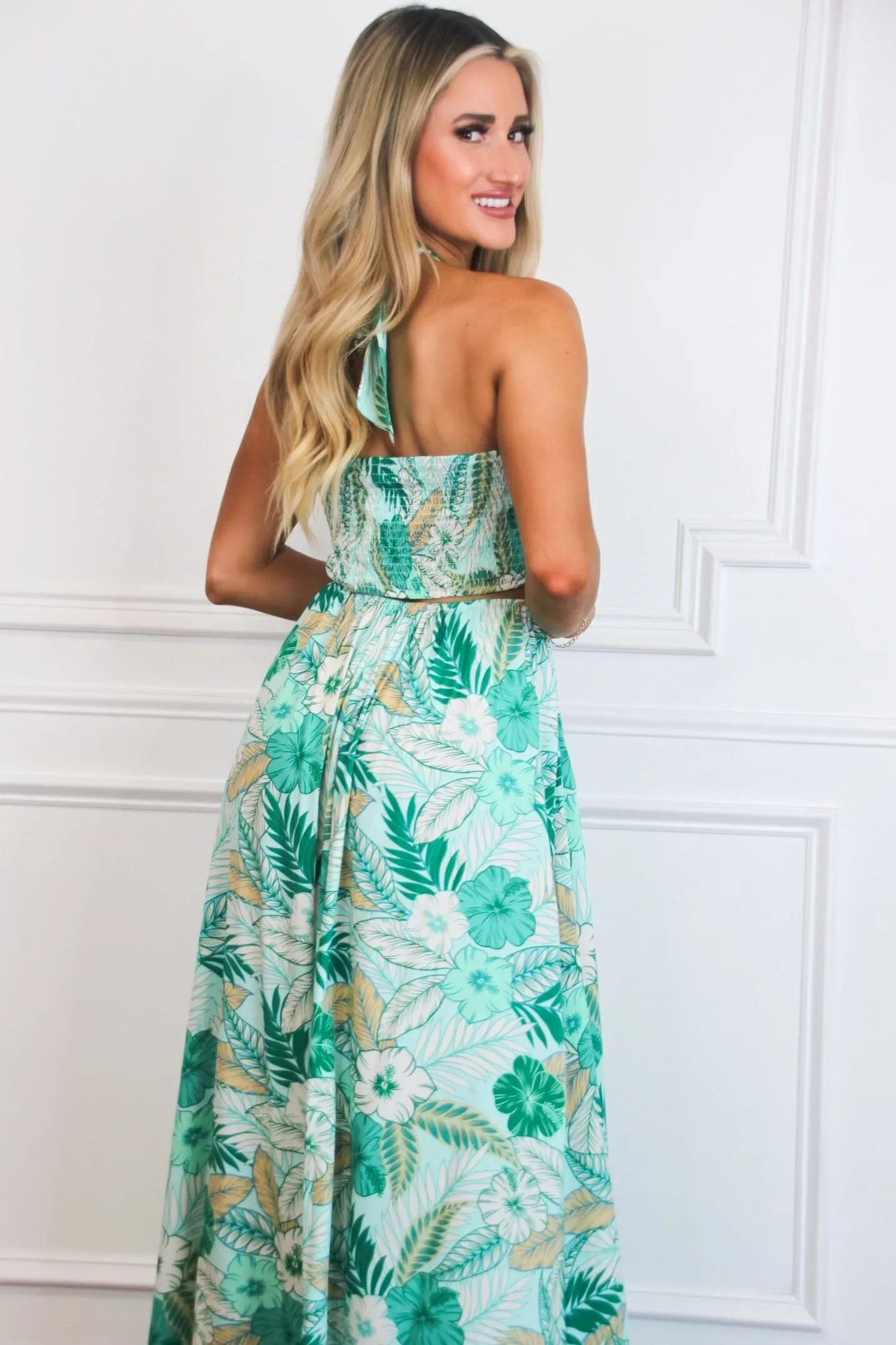 On Vacay Time Halter Cutout Floral Maxi Dress: Light Blue/Green sold by Bella and Bloom product image thumbnail 3