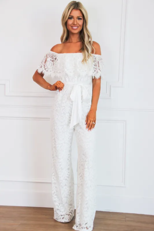 Daydreamer Lace Off Shoulder Jumpsuit: Off White sold by Bella and Bloom