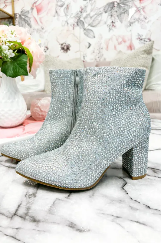Taylor Sparkly Rhinestone Embellished Booties: Silver sold by Bella and Bloom