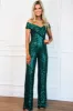 Always Been You Off Shoulder Sequin Jumpsuit: Emerald sold by Bella and Bloom