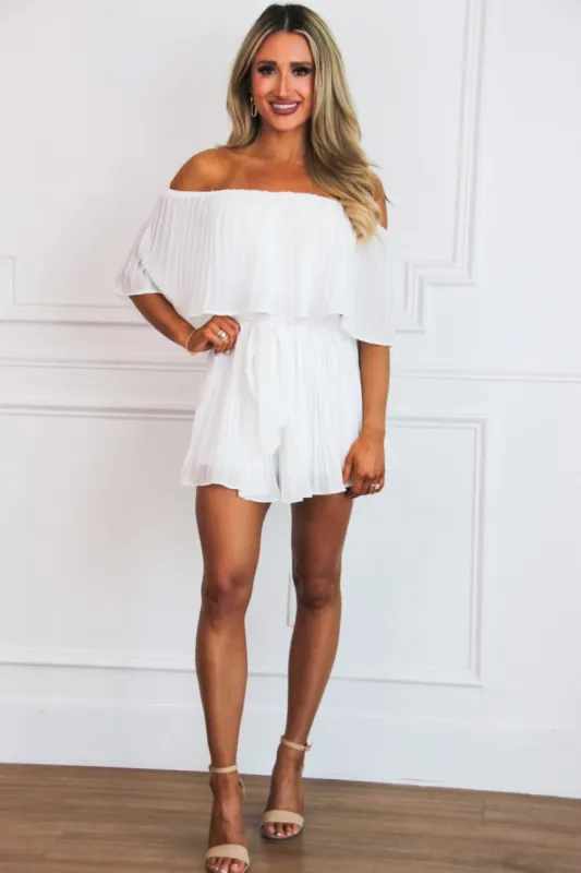 Piper Pleated Off Shoulder Romper: White sold by Bella and Bloom