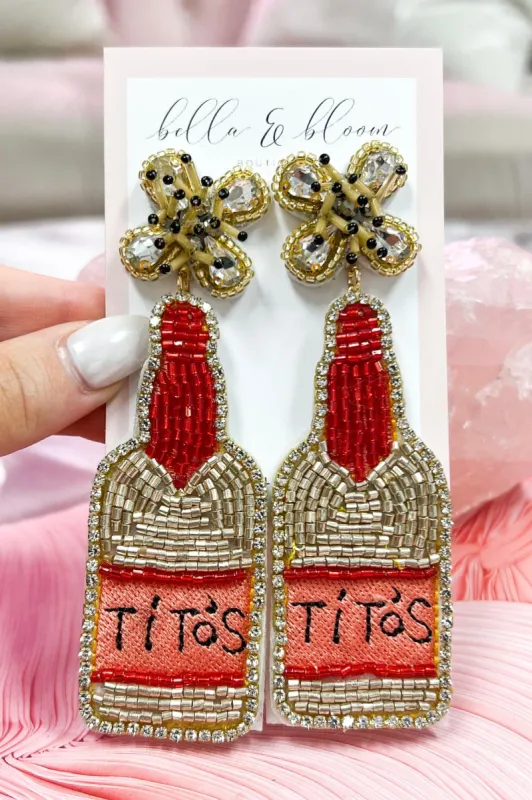 Beaded Titos Bottle Earrings: Red/Gold sold by Bella and Bloom