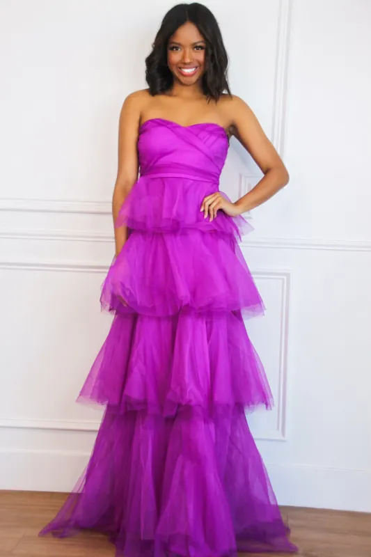 Fairytale State of Mind Tiered Tulle Maxi Dress: Electric Orchid sold by Bella and Bloom