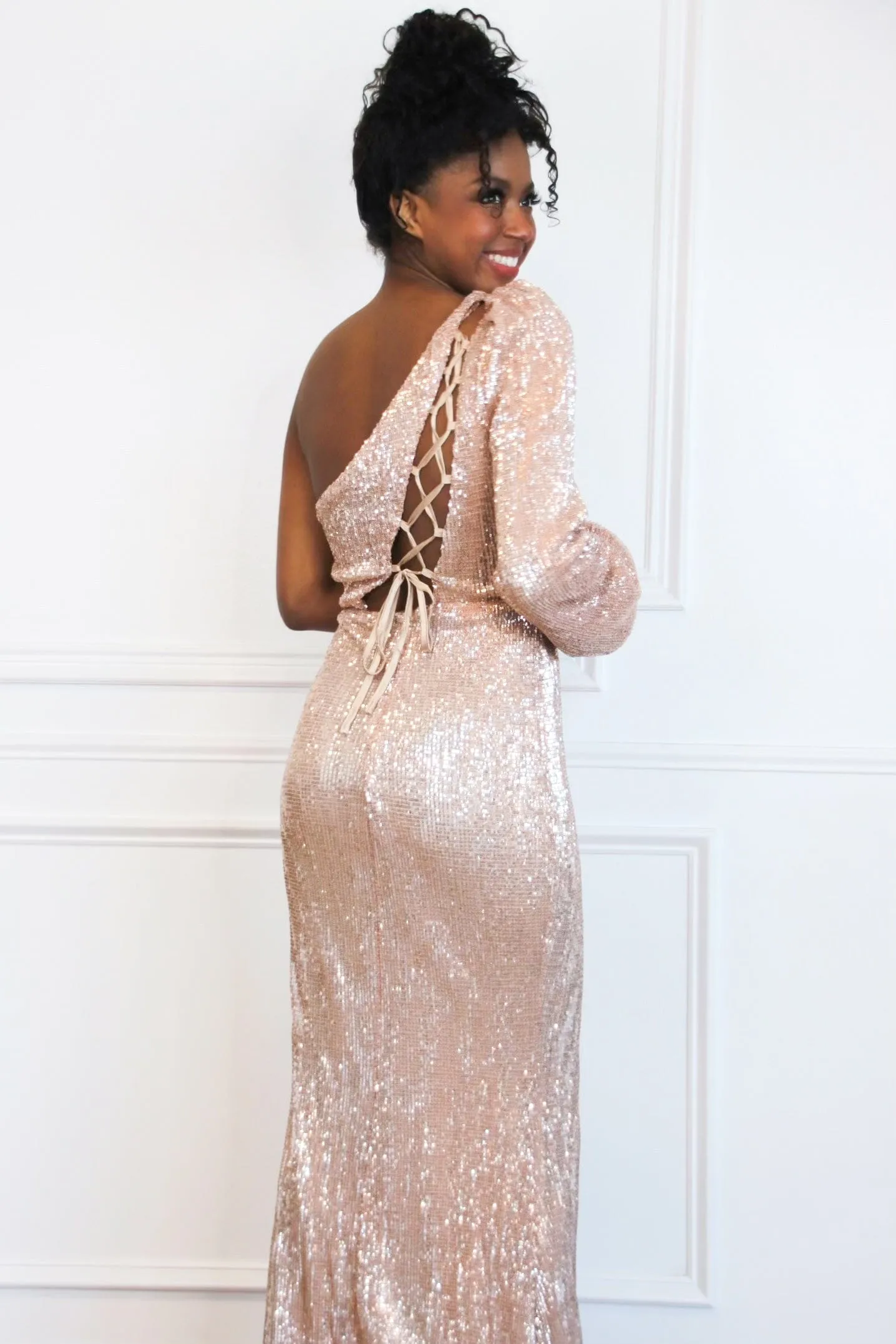 Pippa One Shoulder Sequin Maxi Dress: Rose Gold sold by Bella and Bloom product image thumbnail 2