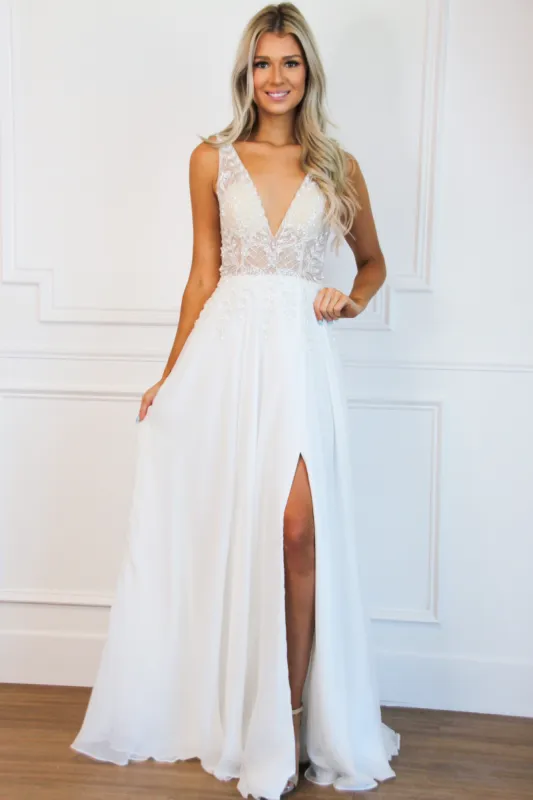 In the Details Beaded Chiffon Wedding Dress: White sold by Bella and Bloom