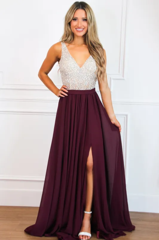 Elegant Affair Beaded Maxi Dress: Wine sold by Bella and Bloom