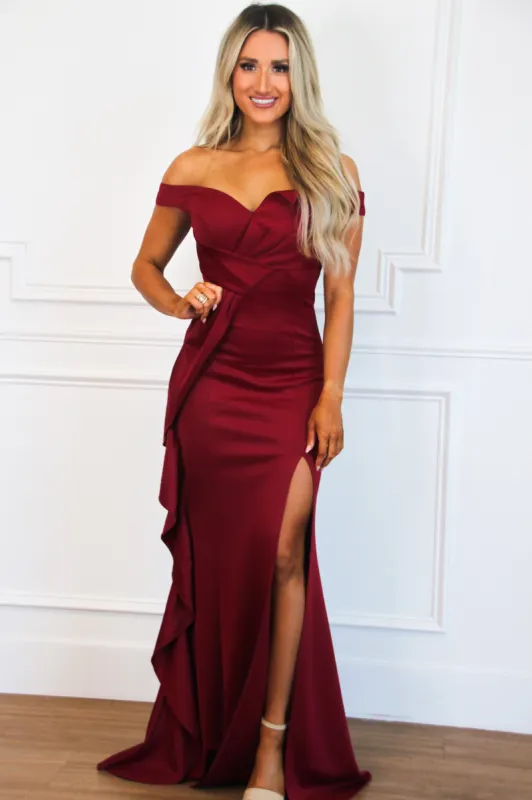 Chic Beauty Slit Formal Dress: Burgundy sold by Bella and Bloom