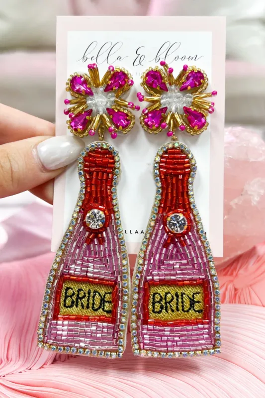 Beaded Bride Champagne Bottle Earrings: Fuchsia/Gold sold by Bella and Bloom