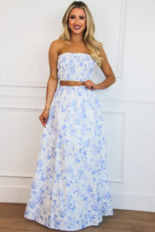 Kimora Floral Two Piece Set: White/Light Blue sold by Bella and Bloom