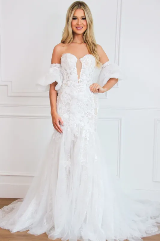 Polly Lace Floral Applique Detachable Off Shoulder Wedding Dress: Off White/Nude sold by Bella and Bloom