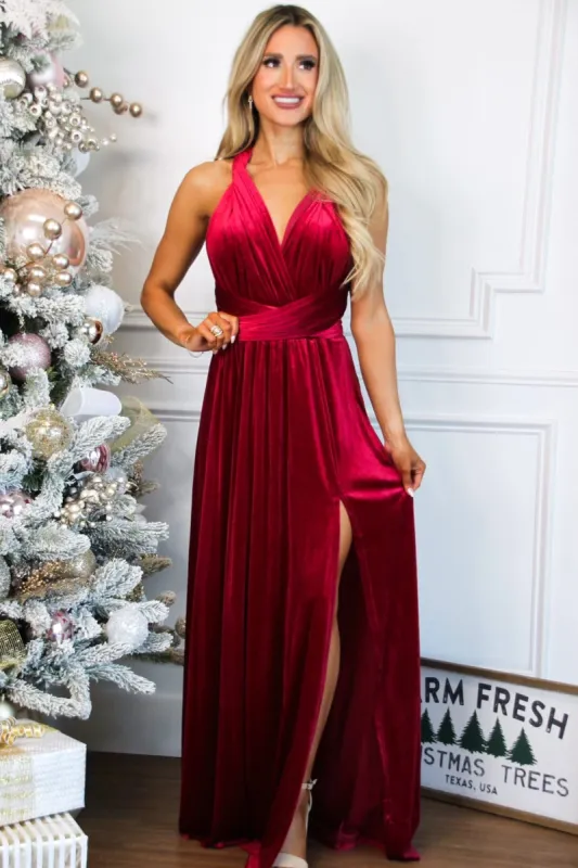 Classic Wrap Maxi Dress: Burgundy VELVET sold by Bella and Bloom