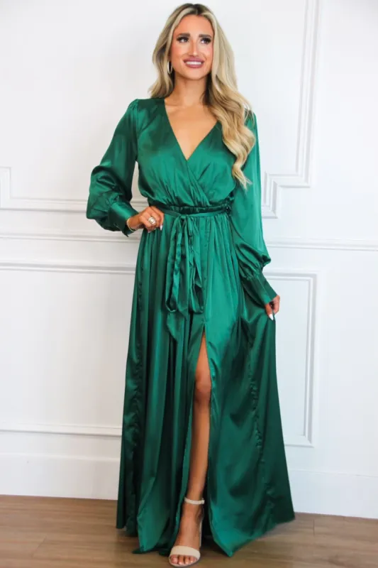 Jordana Long Sleeve Satin Maxi Dress: Green sold by Bella and Bloom