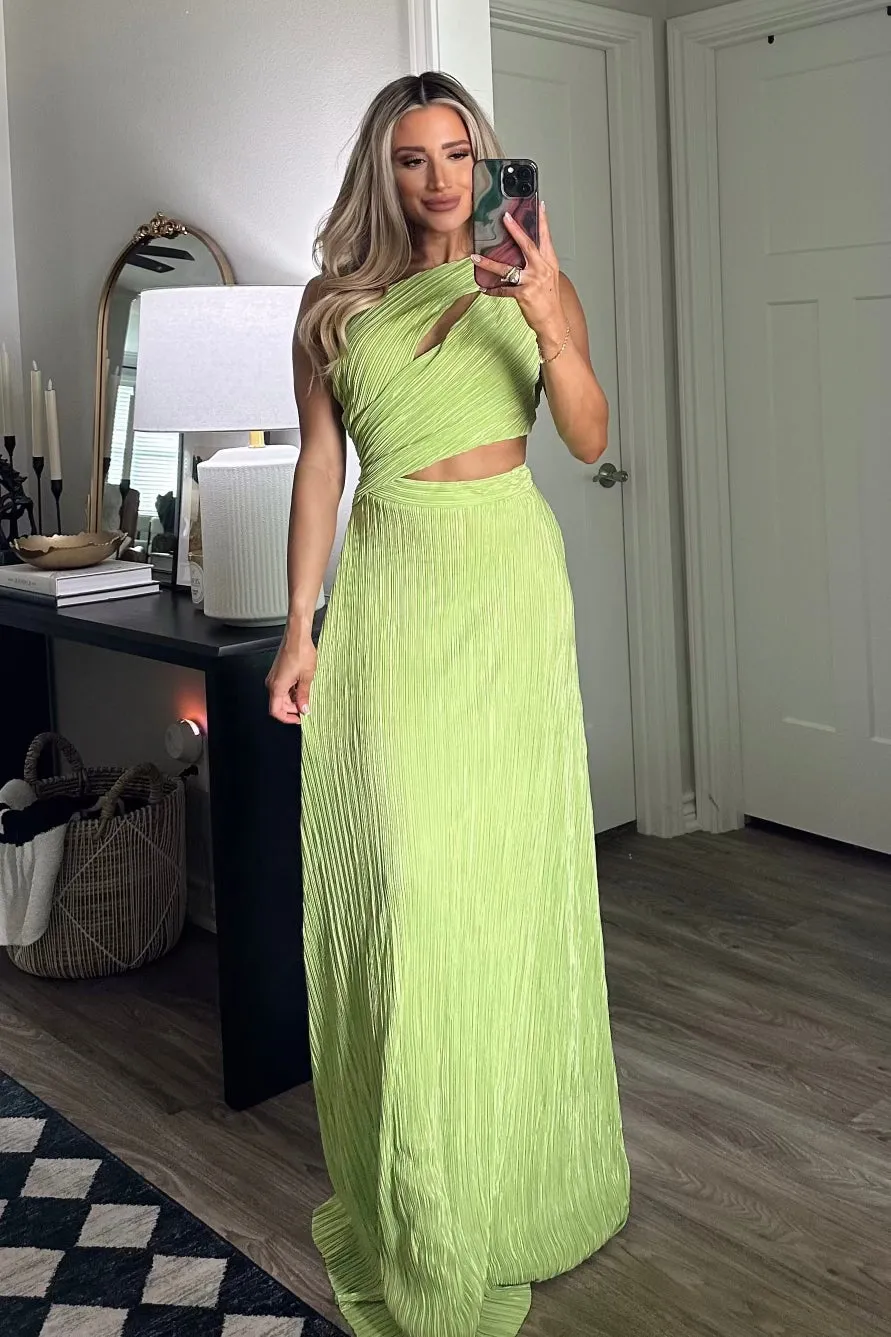 Kristen One Shoulder Cutout Pleated Maxi Dress: Bright Lime sold by Bella and Bloom