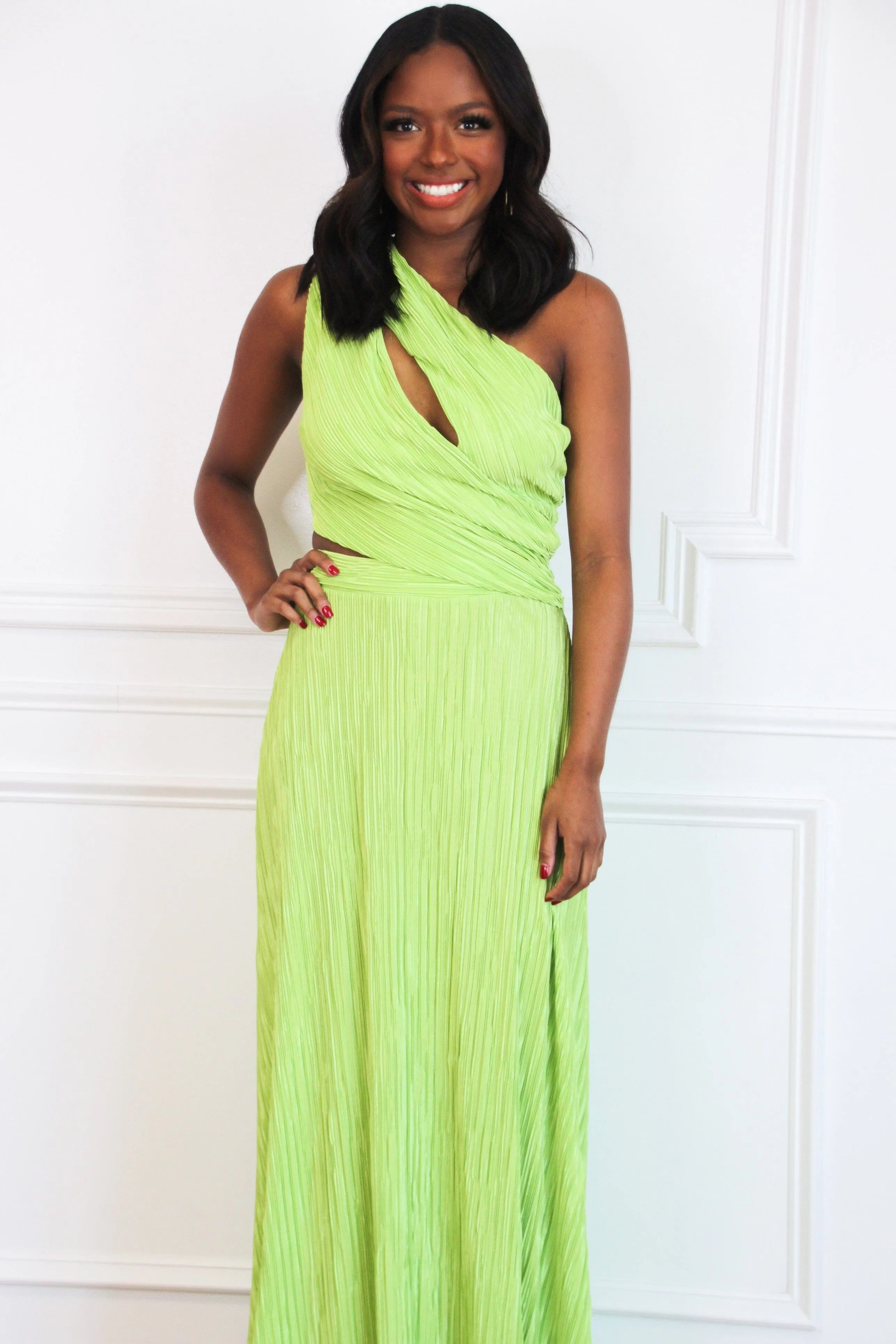Kristen One Shoulder Cutout Pleated Maxi Dress: Bright Lime sold by Bella and Bloom product image thumbnail 3
