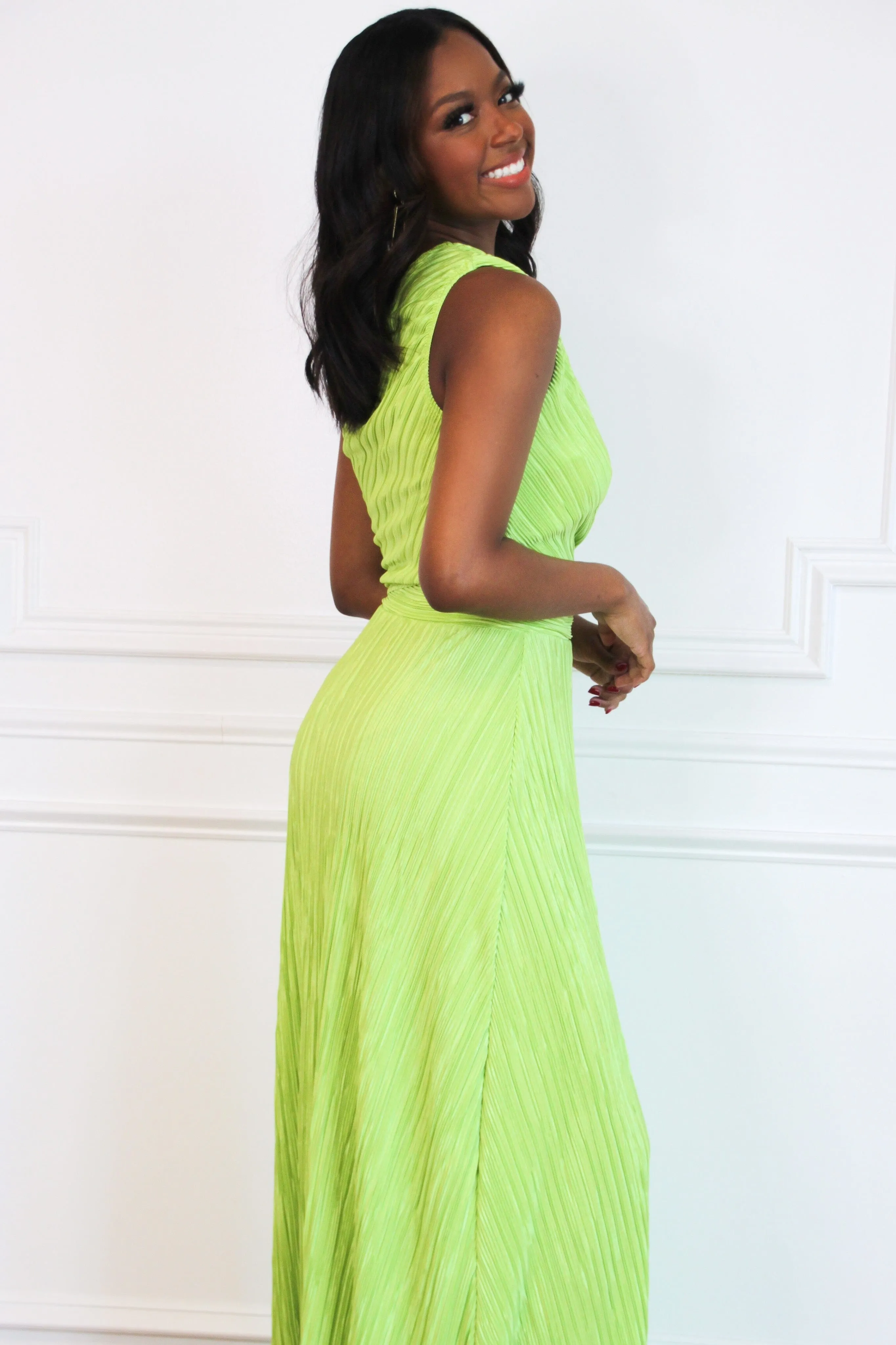 Kristen One Shoulder Cutout Pleated Maxi Dress: Bright Lime sold by Bella and Bloom product image thumbnail 4
