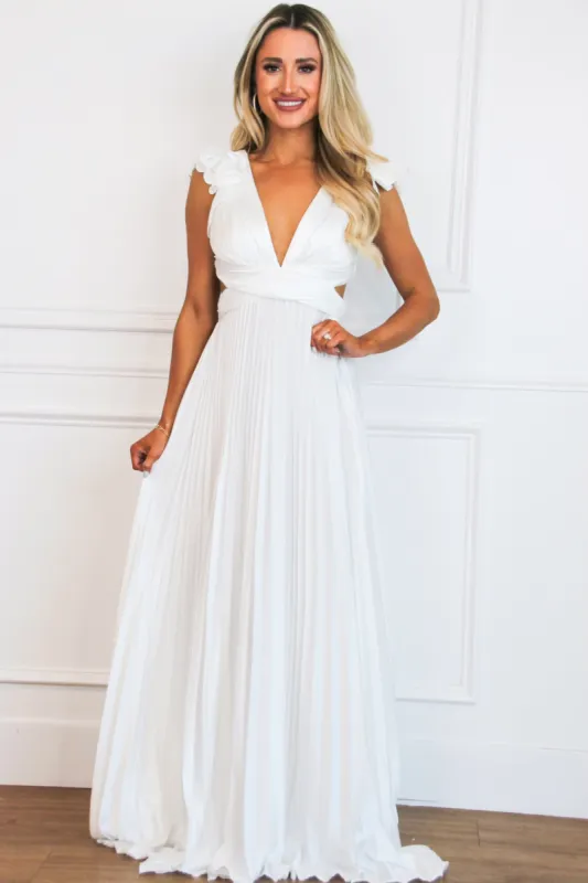Somewhere With You Pleated Open Back Maxi Dress: White sold by Bella and Bloom