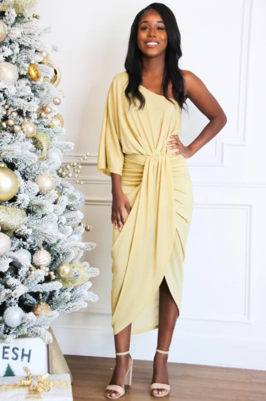 Hold You Tight Sparkly Midi Dress: Gold sold by Bella and Bloom