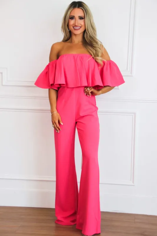Darcy Off Shoulder Jumpsuit: Fuchsia sold by Bella and Bloom
