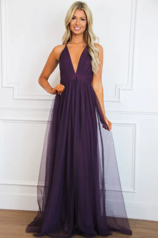 Forever Love Maxi Dress: Eggplant sold by Bella and Bloom