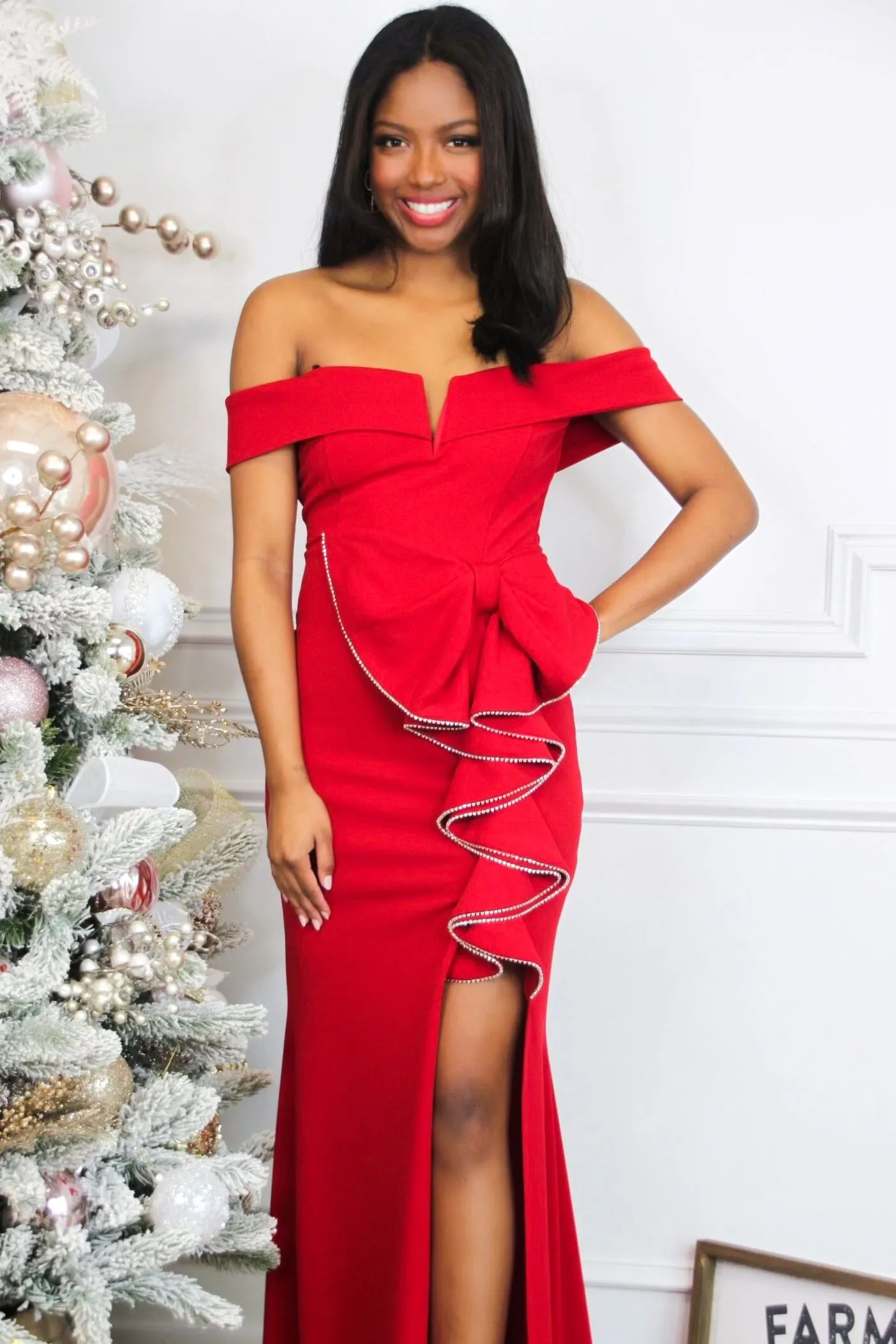 Caroline Embellished Bow Off Shoulder Maxi Dress: Red sold by Bella and Bloom product image thumbnail 2