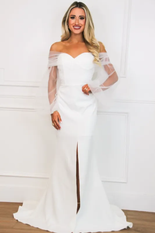 Katherine Off Shoulder Puff Sleeve Maxi Dress: White sold by Bella and Bloom