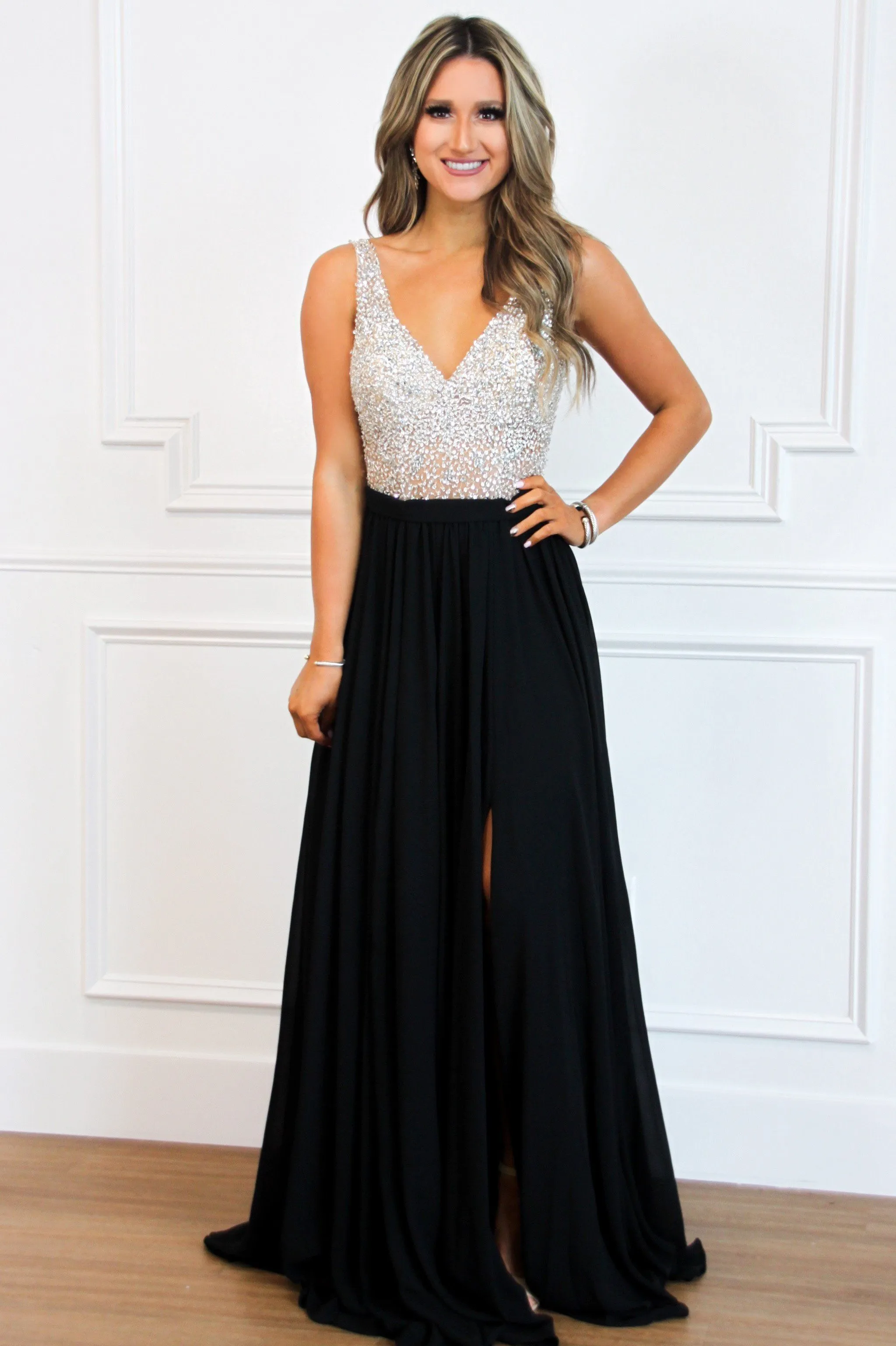 Elegant Affair Beaded Maxi Dress: Black sold by Bella and Bloom