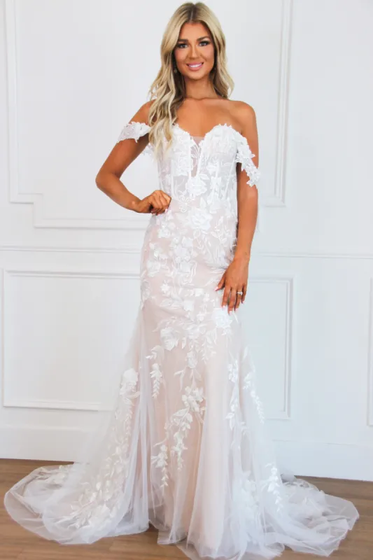 Abigail Off Shoulder Lace Wedding Dress: White/Nude sold by Bella and Bloom