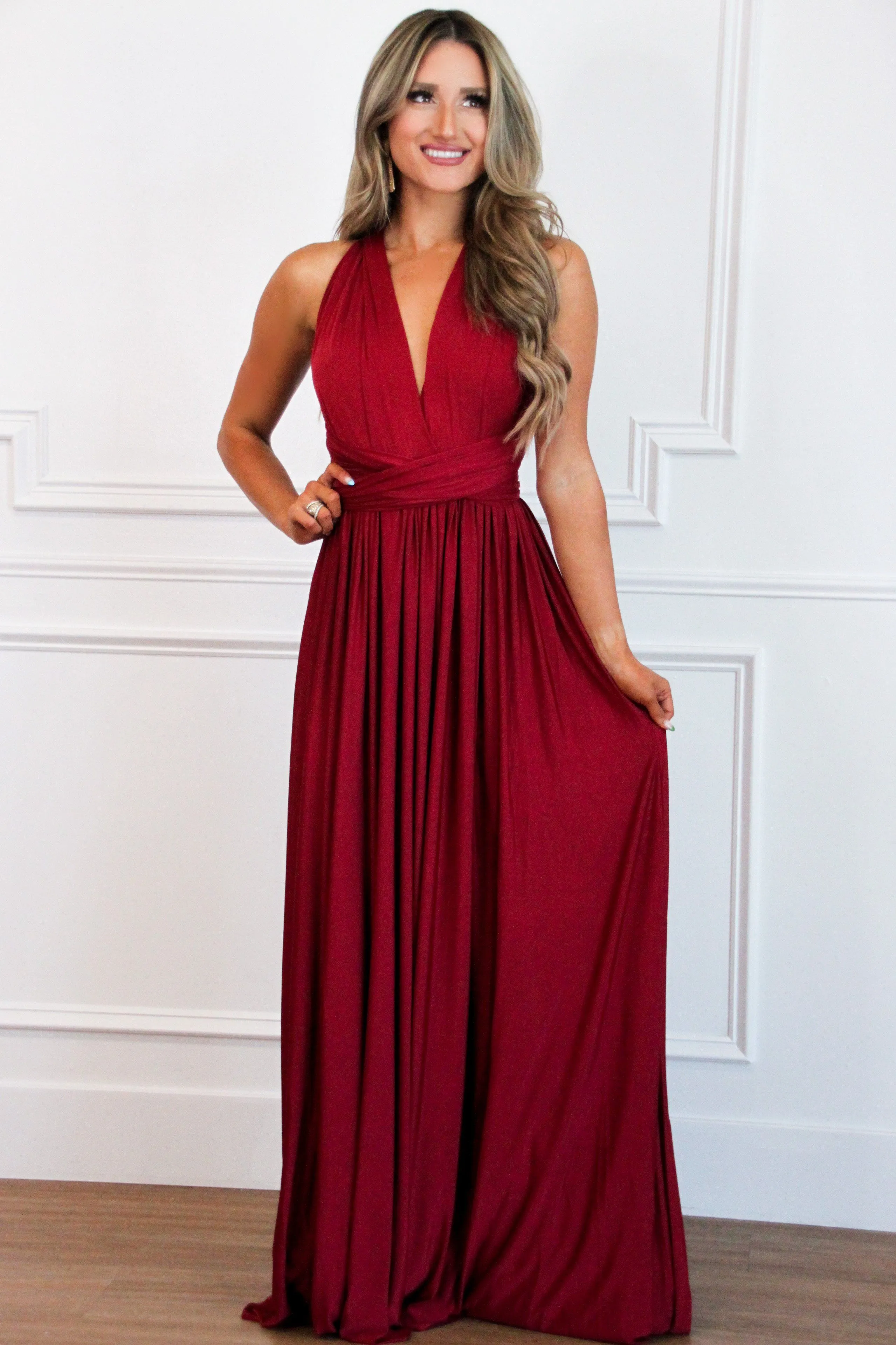 Enough For You Wrap Maxi Dress: Burgundy sold by Bella and Bloom