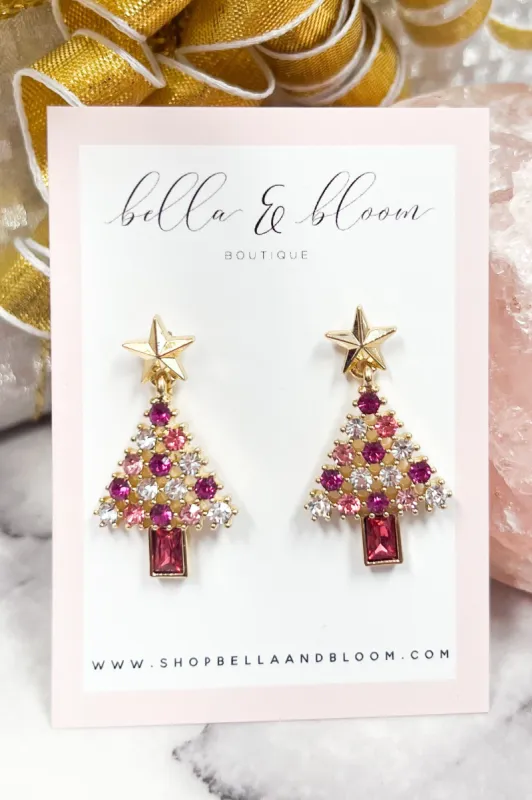 Embellished Christmas Tree Holiday Earrings: Pink/Gold Multi sold by Bella and Bloom