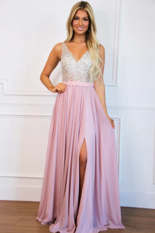 Elegant Affair Beaded Formal Dress: Blush sold by Bella and Bloom