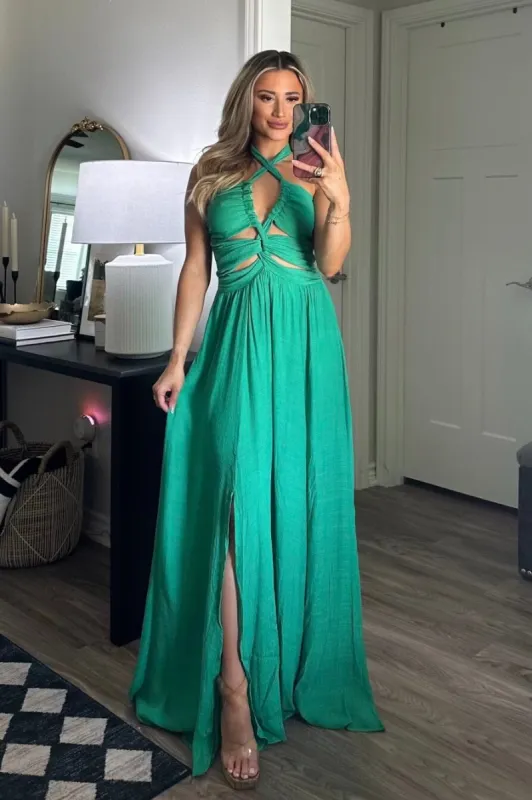 Your Place or Mine Halter Maxi Dress: Green sold by Bella and Bloom