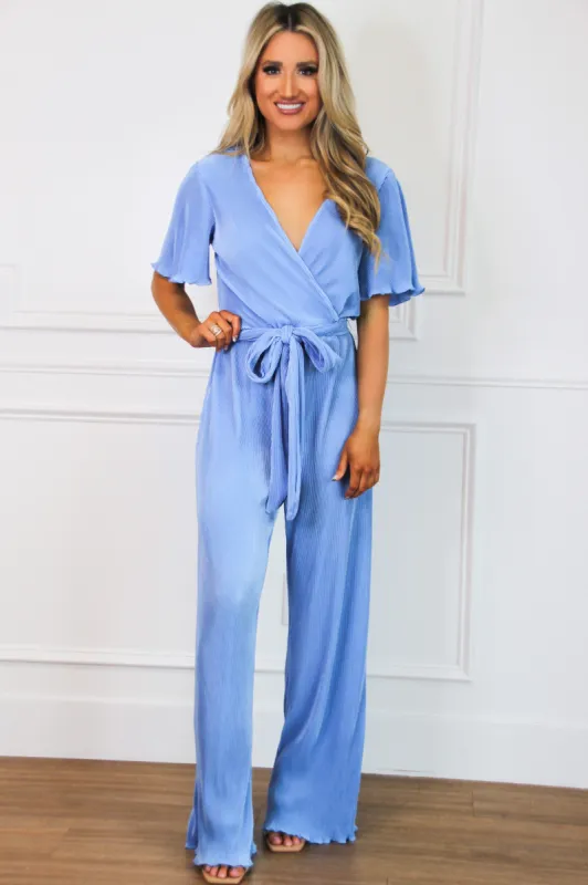 Must Be Love Pleated Jumpsuit: Periwinkle sold by Bella and Bloom