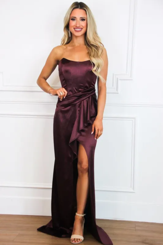 Lover Satin Ruffle Maxi Dress: Maroon sold by Bella and Bloom