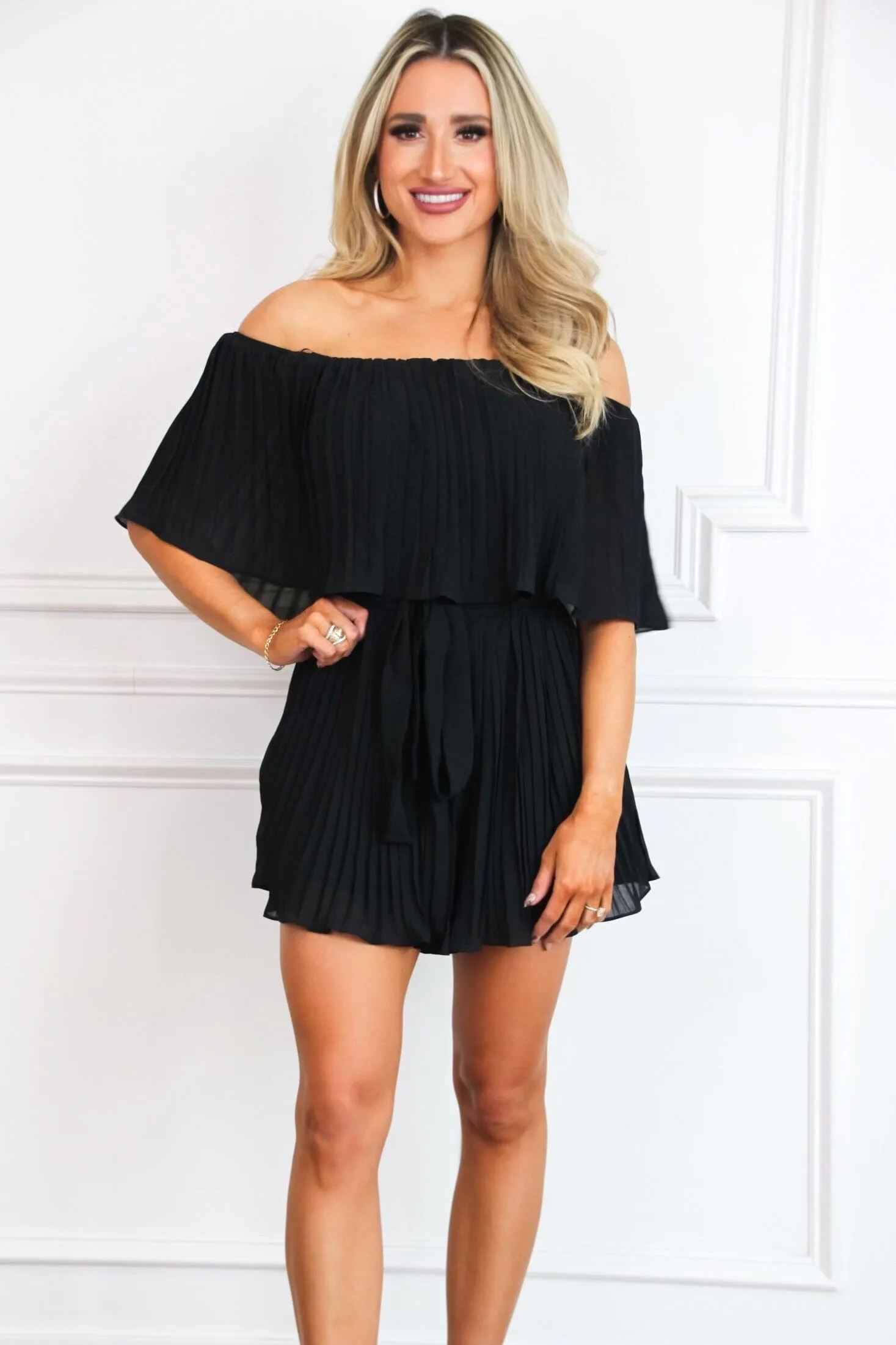 Piper Pleated Off Shoulder Romper: Black sold by Bella and Bloom product image thumbnail 3