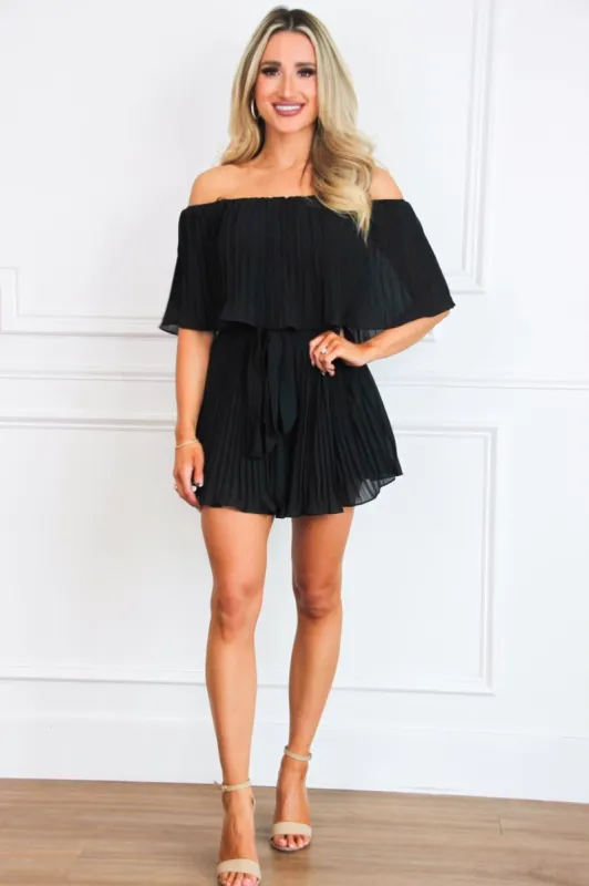 Piper Pleated Off Shoulder Romper: Black sold by Bella and Bloom