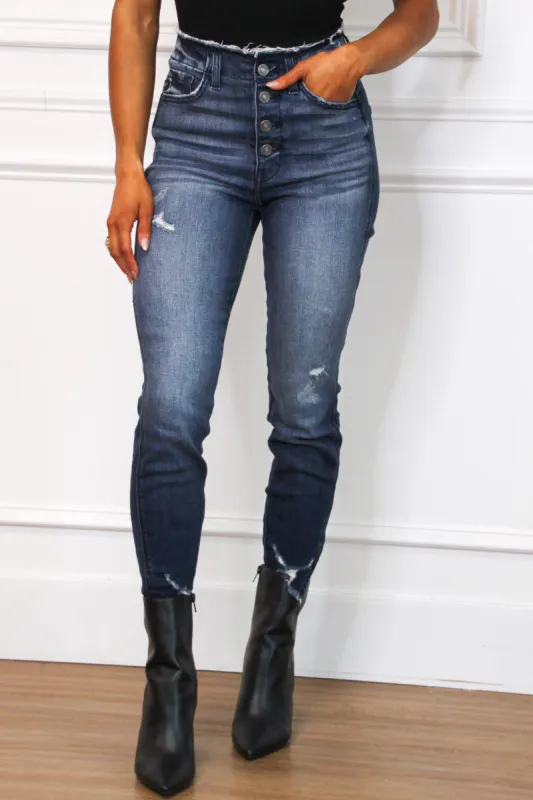 Lauren High Waisted KanCan Distressed Denim: Dark Wash sold by Bella and Bloom