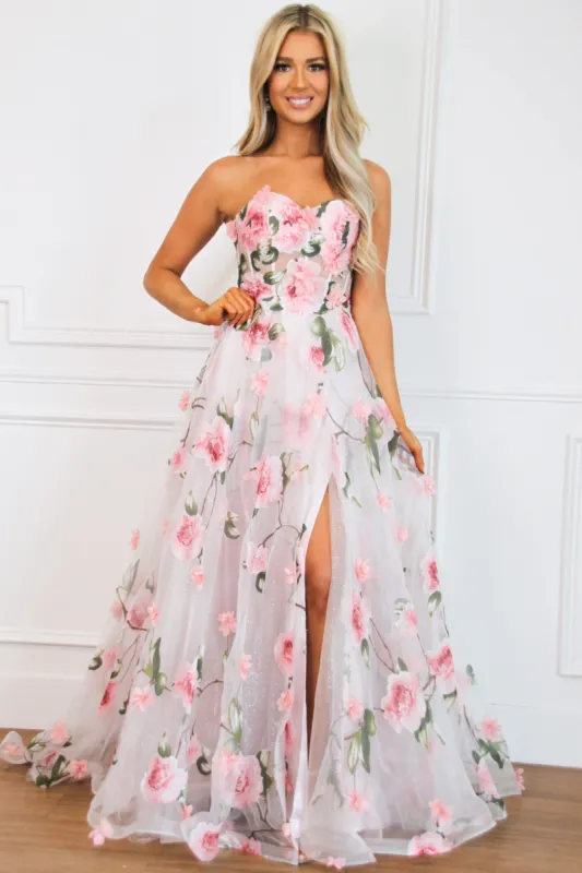 Enchanted Florals Sparkly Bustier Formal Dress: Blush Multi sold by Bella and Bloom
