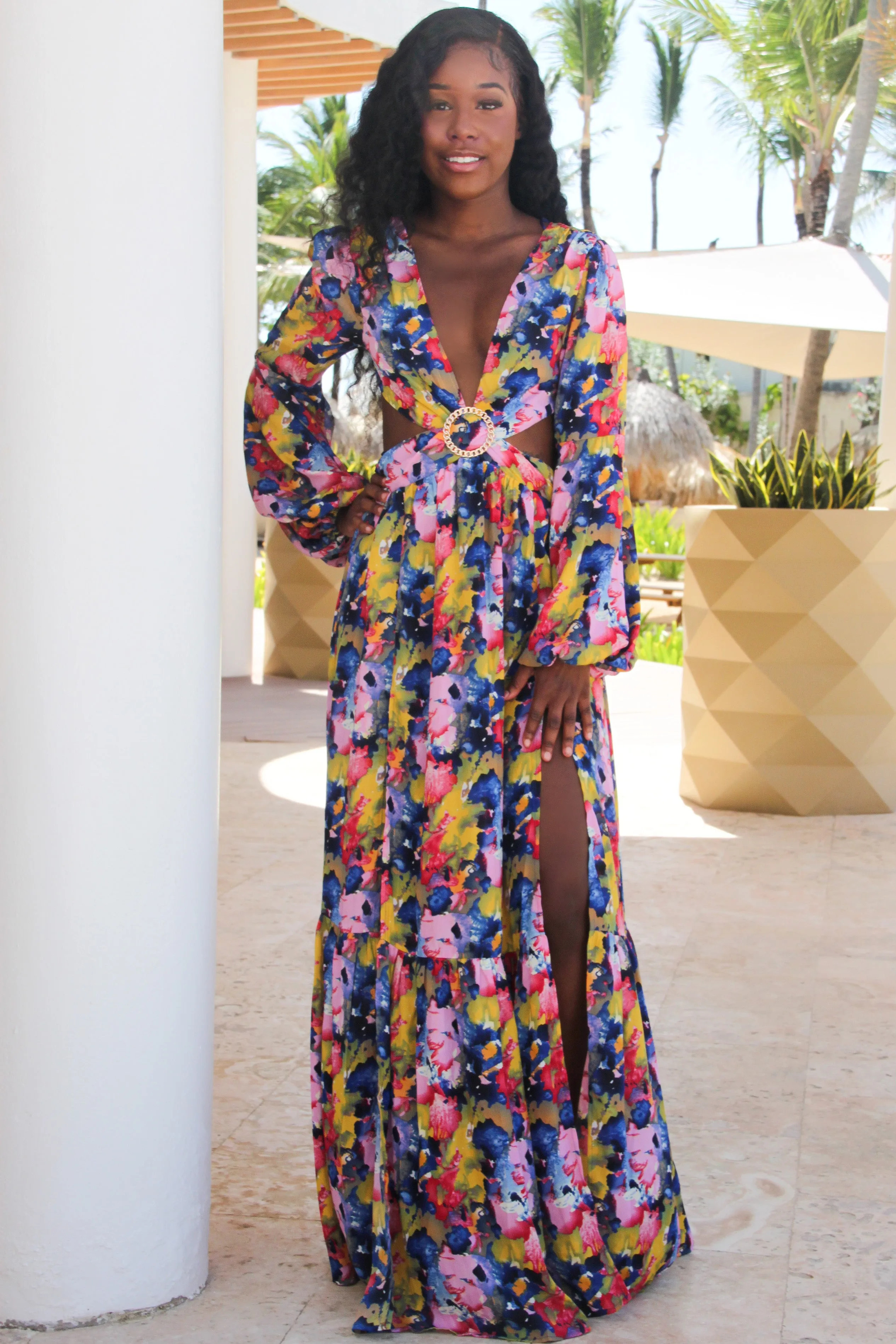 Color My World Cutout Maxi Dress: Rainbow Multi sold by Bella and Bloom