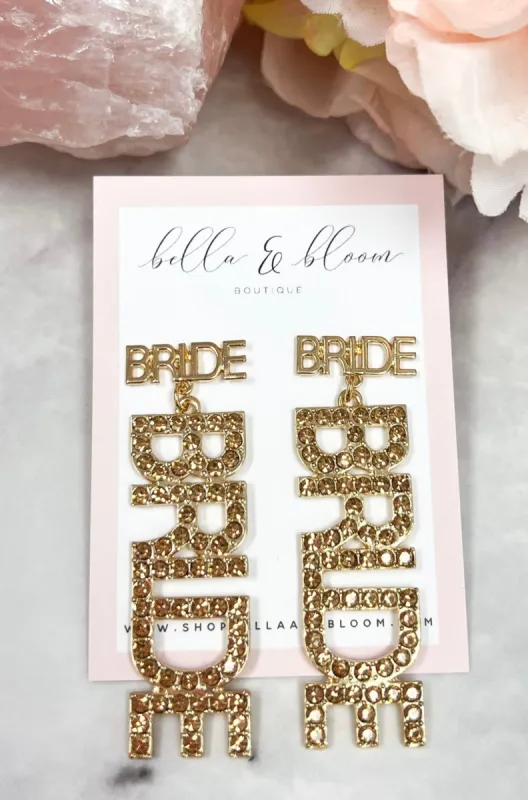 Bridal Era BRIDE Embellished Earrings: Gold sold by Bella and Bloom