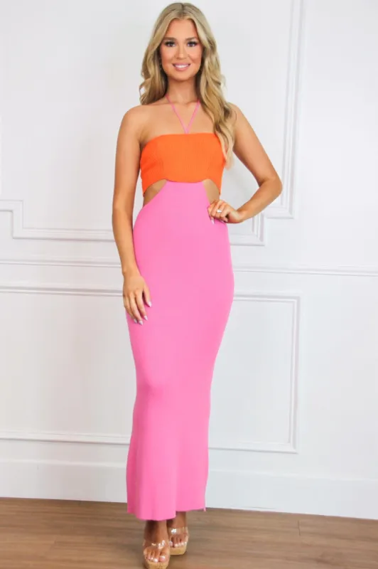 Malibu Moment Cutout Color Block Maxi Dress: Pink/Orange sold by Bella and Bloom