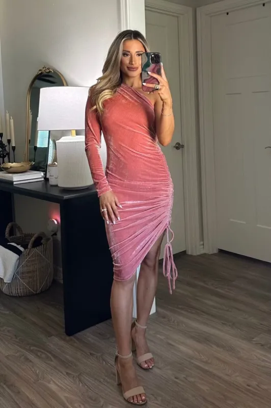 Velvet Crush One Shoulder Midi Dress: Dusty Rose sold by Bella and Bloom