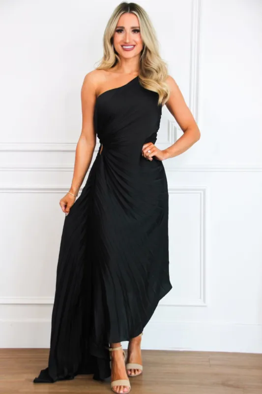 Keep My Promises Pleated Asymmetrical Midi Dress: Black sold by Bella and Bloom