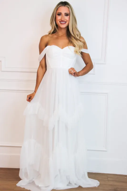 Enchanted Evening Off Shoulder Maxi Dress: White sold by Bella and Bloom